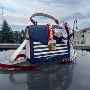 Stylish Navy and White Striped Handbag with Scarf